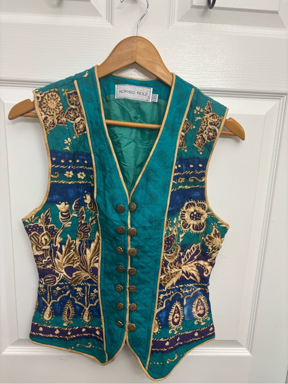 Howard Wolf 1990s Vintage Teal Boho Gypsy Festival Quilted Vest with Gold Trim
